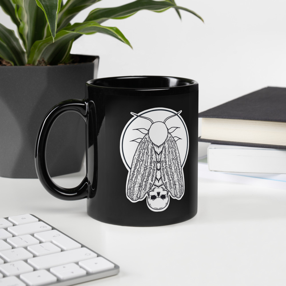 Skull Moth B&W Black Glossy Mug