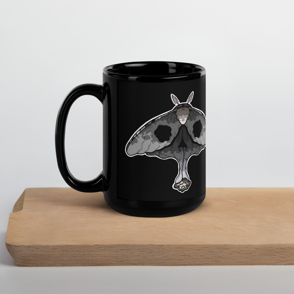 Skull Rose Moth Black Glossy Mug