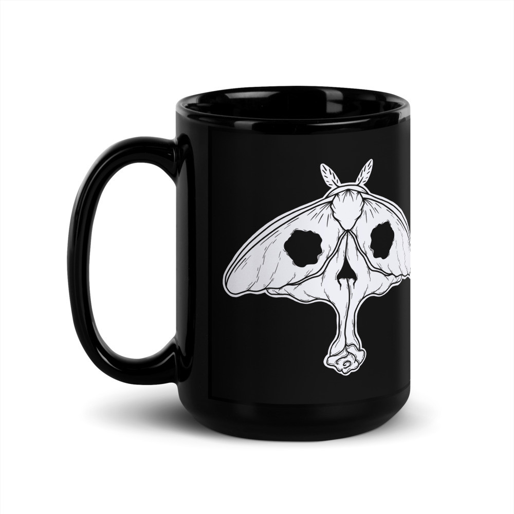 Skull Rose Moth B&W Black Glossy Mug