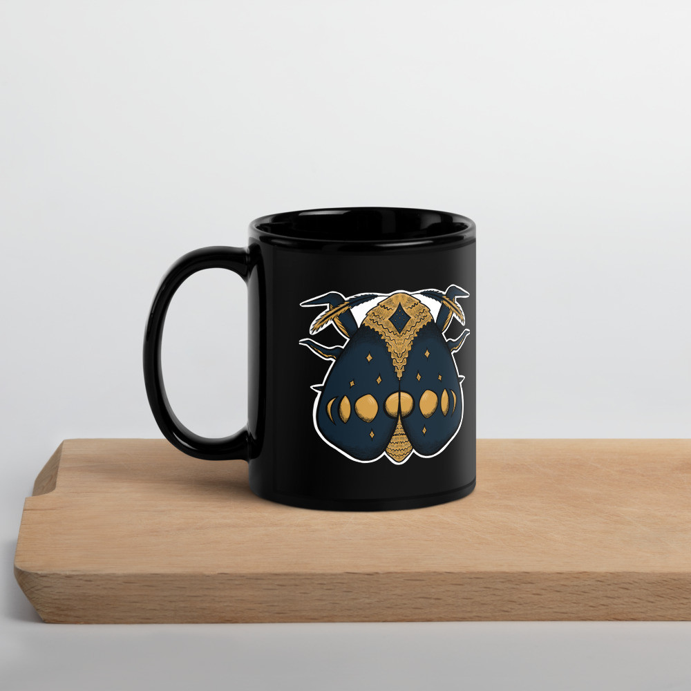 Lunar Phase Moth Black Glossy Mug