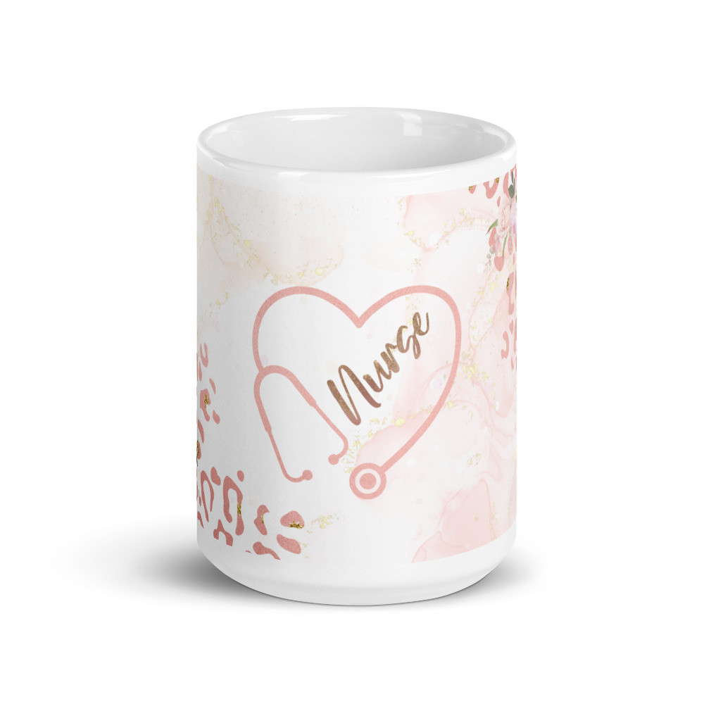 15oz Leopard Pink Floral Nurse White Glossy Mug
