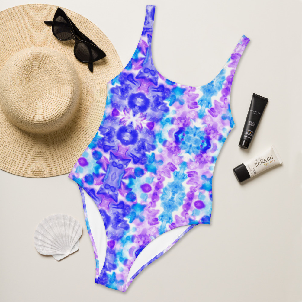 Blue, Purple, and White Tie Dye One-Piece Swimsuit