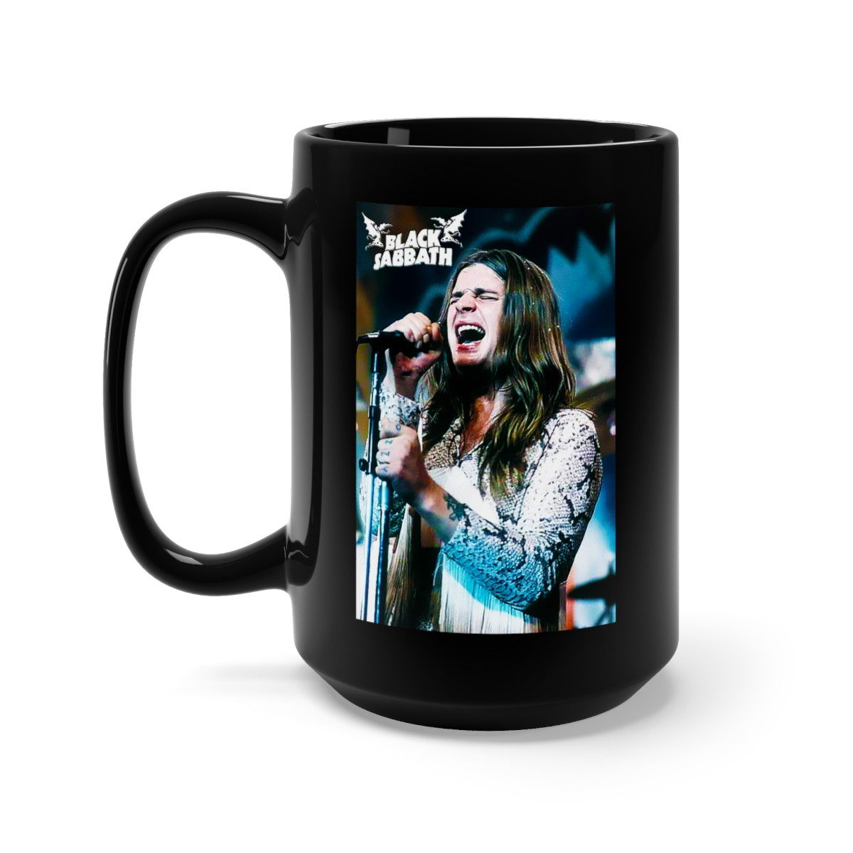 Young Ozzy Osbourne of Black Sabbath  Black Mug 15oz