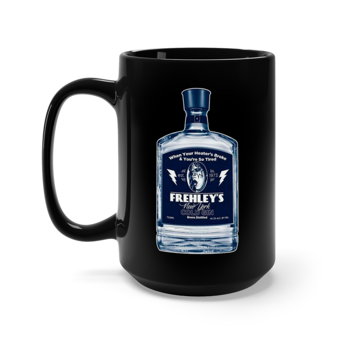 KISS Ace Frehley Bottle of Frehley's Cold Gin Black Mug 15oz