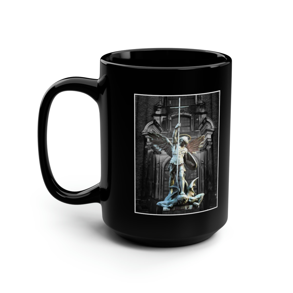 Angel Michael defeating Lucifer St. Michael's Church Black Mug 15oz