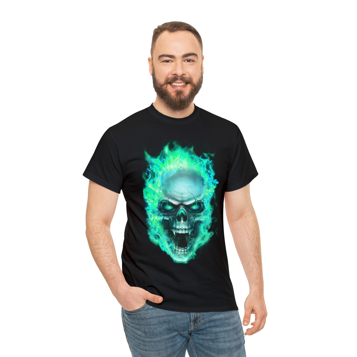 Flaming Demon Skull Electric Blue Short Sleeve Tee