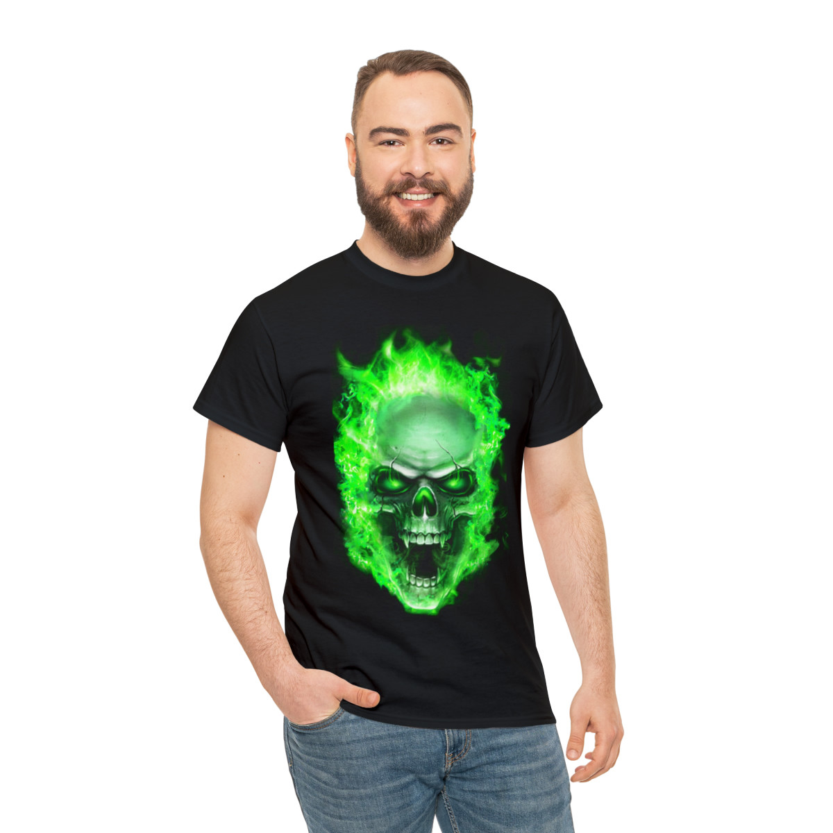 Flaming Demon Skull Green Short Sleeve Tee