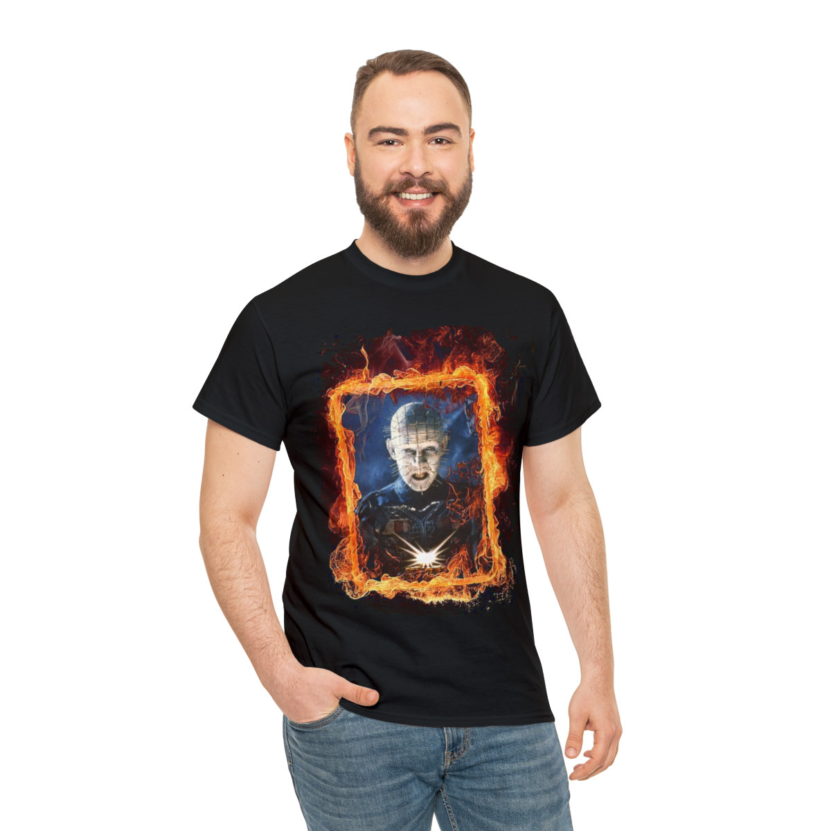 Flame Framed Monster Pinhead of Hellraiser Unisex Heavy Cotton Tee
