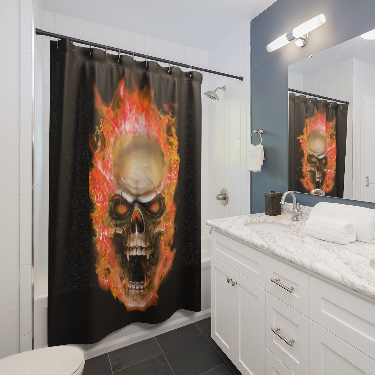 Flaming Demon  Skull Orange ﻿on Black Shower Curtains