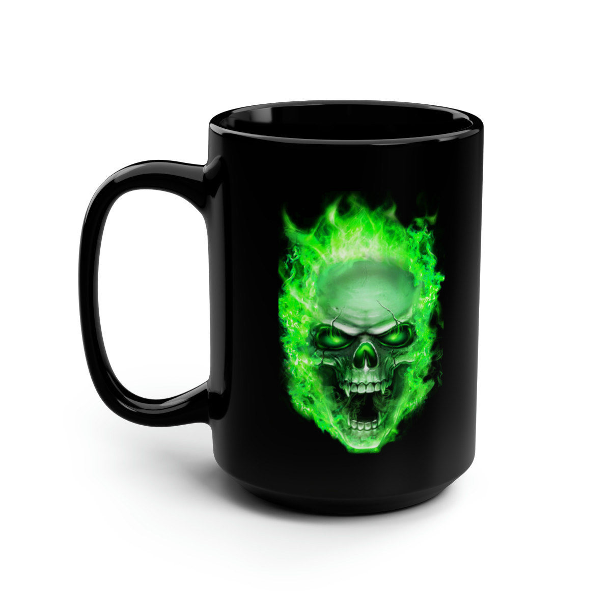 Flaming Demon Skull Green on Black Mug 15oz