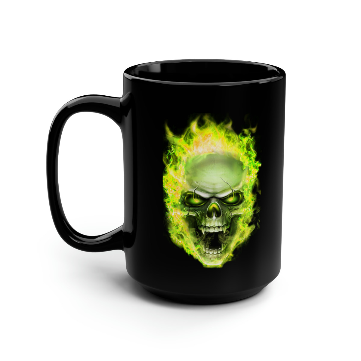 Flaming Demon Skull Yellow on Black Mug 15oz