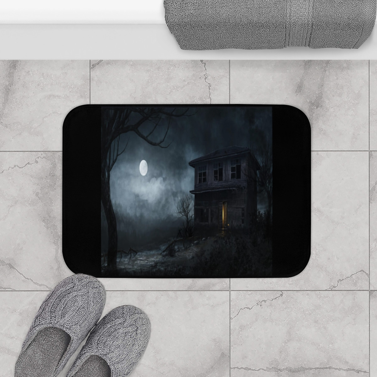 Creepy Spooky Old House on Black Bath Mat