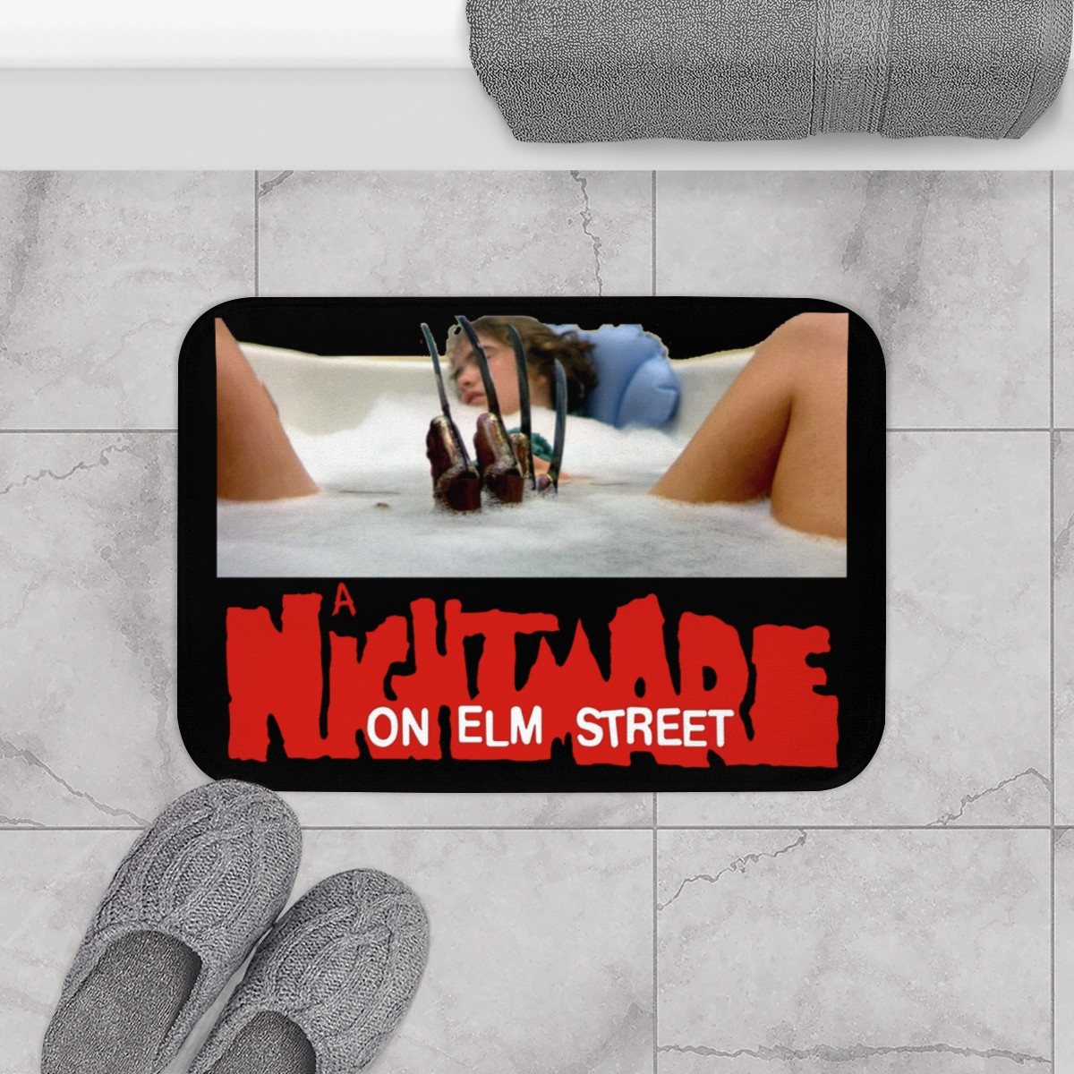 A Nightmare On Elm St Tub Scene on Black Bath Mat