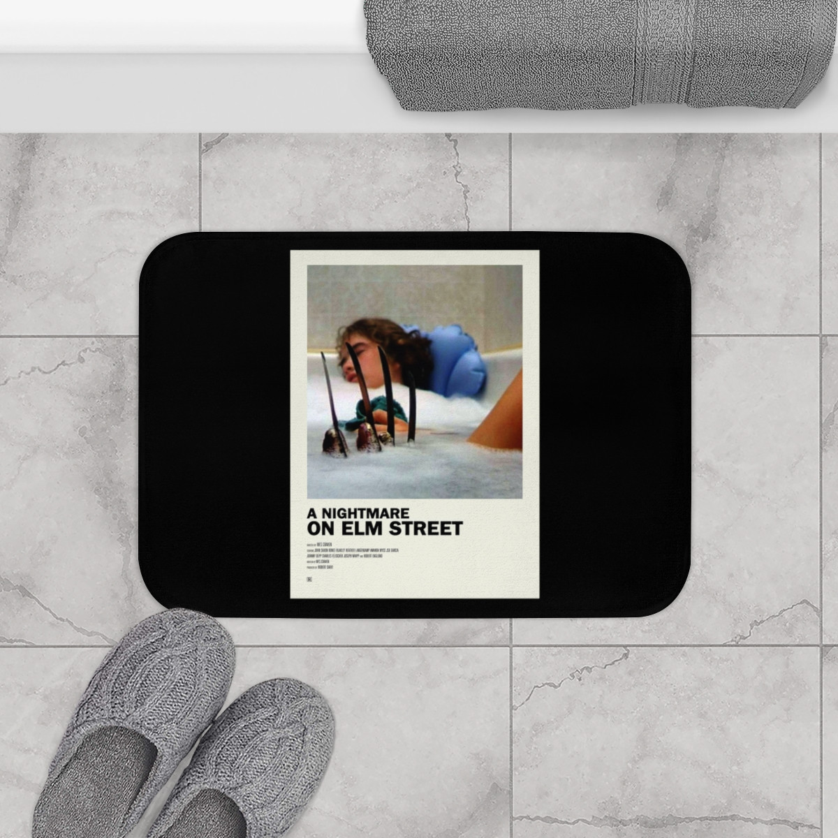 A Nightmare On Elm St movie poster on Black Bath Mat