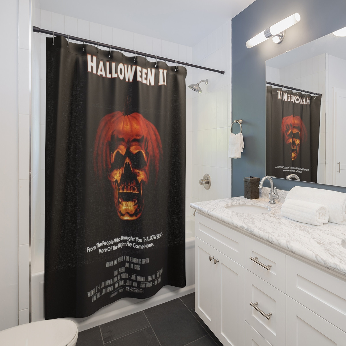 Halloween II Movie Poster on Black Shower Curtains