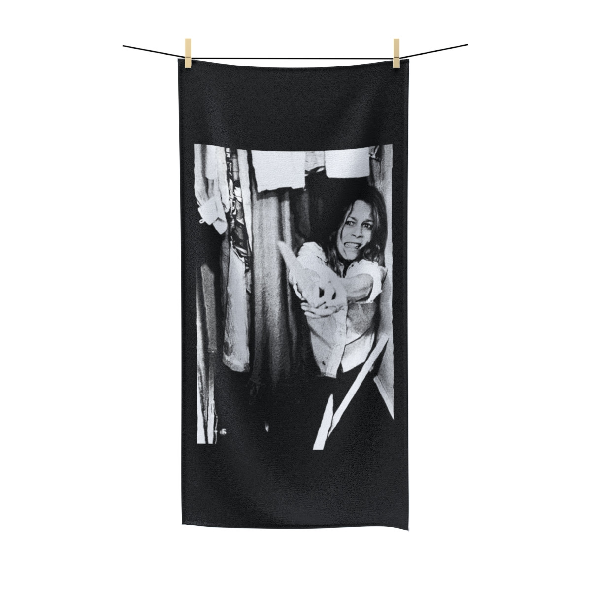 Halloween Movie Closet Scene on Black Polycotton Towel
