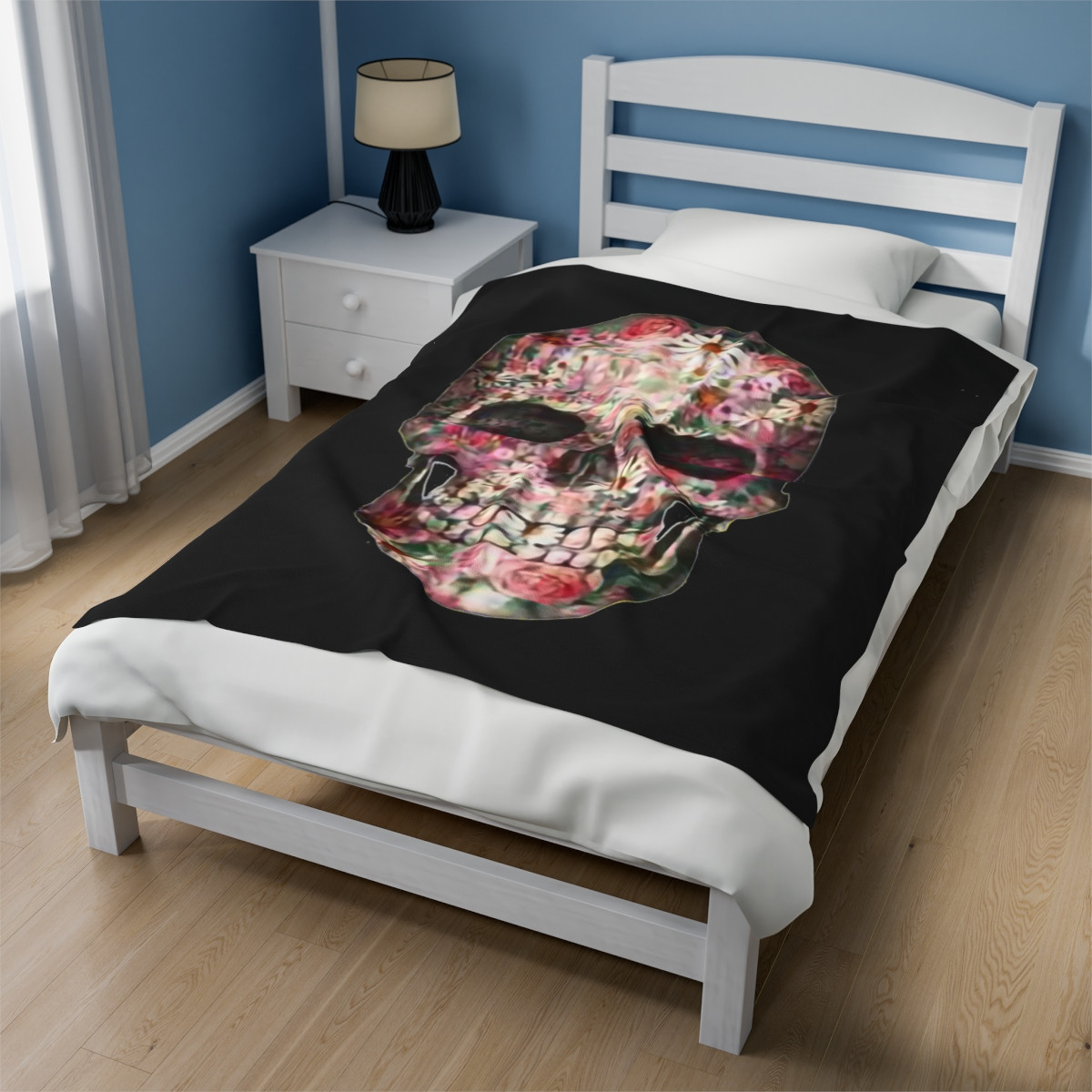 Flower Skull on Black Velveteen Plush Blanket