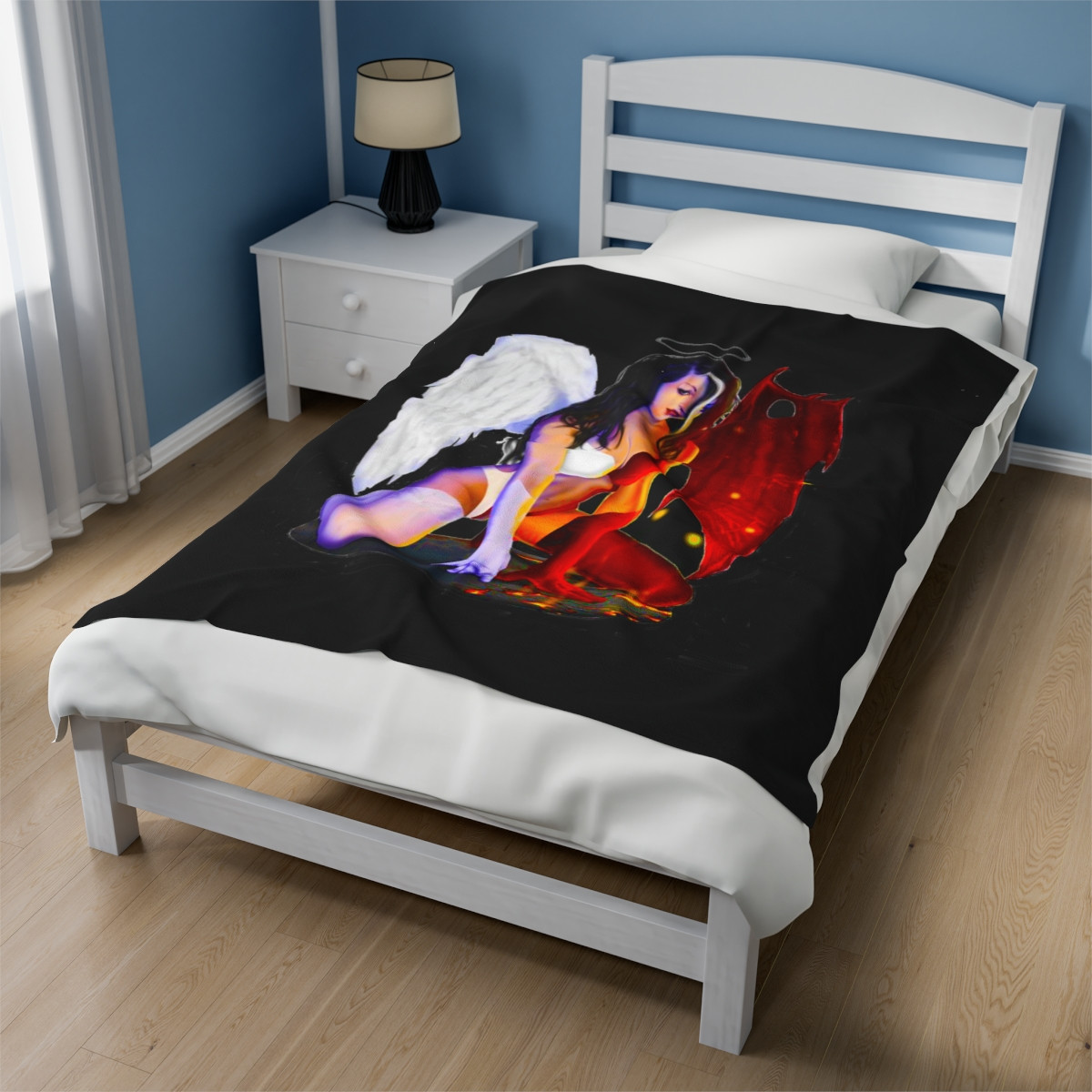 Angel Devil Babe on Black Velveteen Plush Blanket