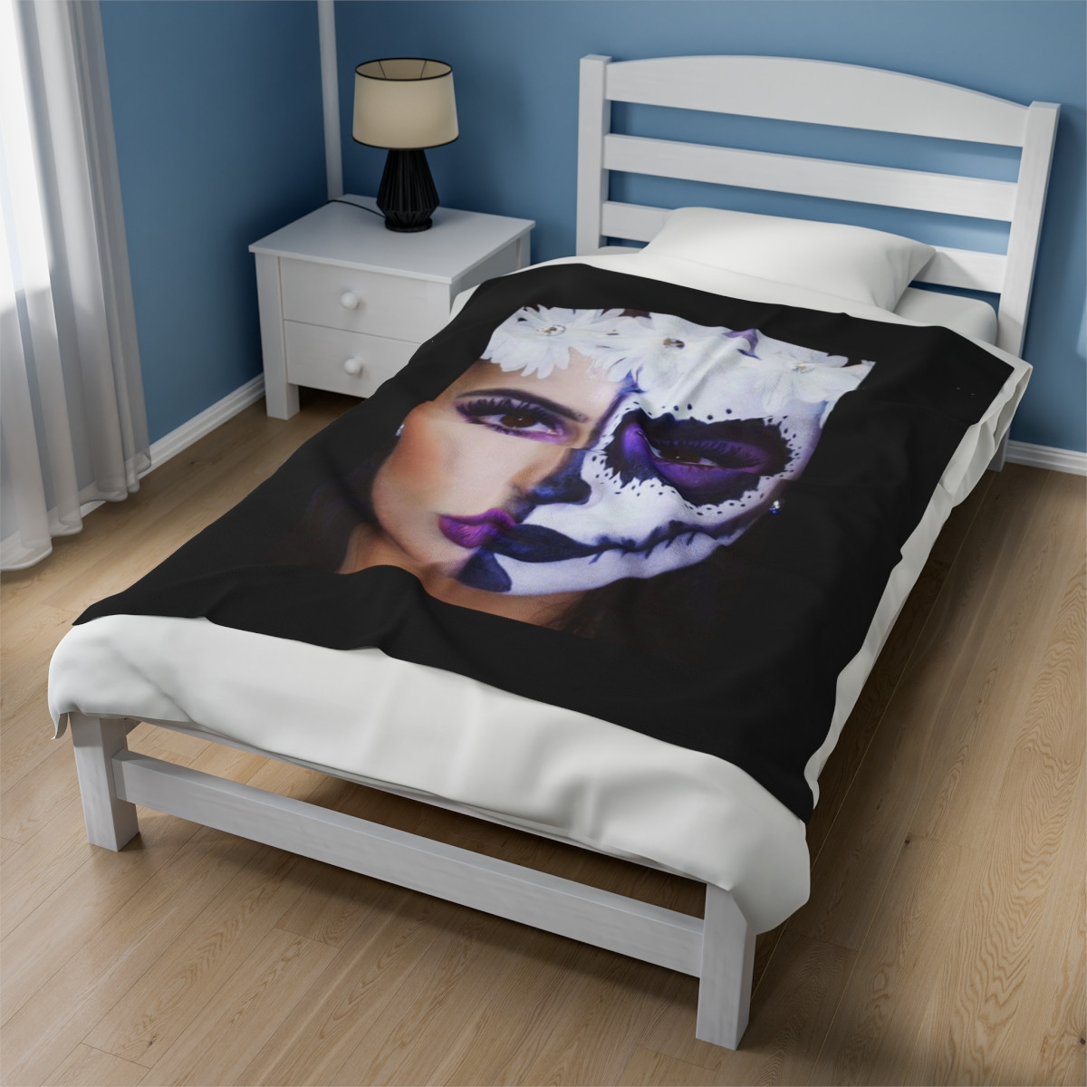 SUGAR SKULL Makeup Babe on Black Velveteen Plush Blanket