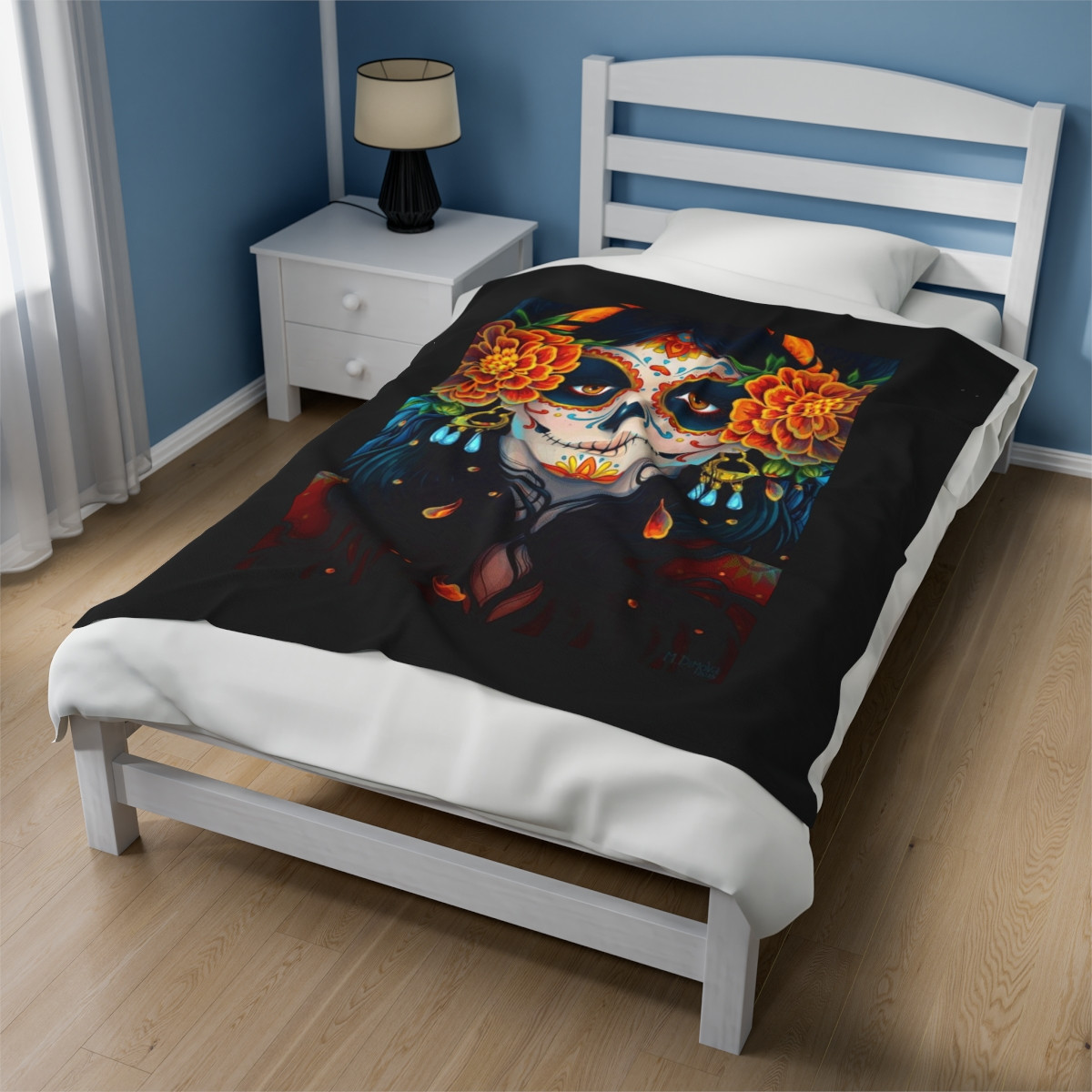 SUGAR SKULL Makeup Babe with Flowers on Black Velveteen Plush Blanket