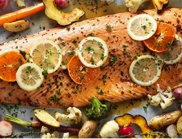 MAPLE MUSTARD SALMON WITH ROASTED VEGETABLES RECIPE