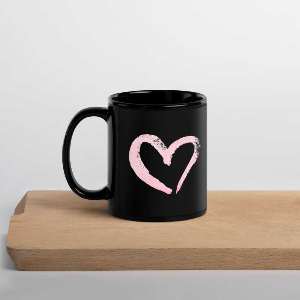Pink Heart Black Glossy Mug