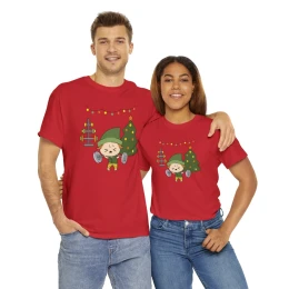 Christmas Elf Lifting a Barbell Holiday Unisex Heavy Cotton Tee