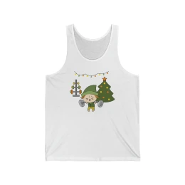 Christmas Elf Lifting a Barbell Holiday Unisex Jersey Tank