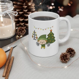 Christmas Elf Lifting a Barbell Holiday Ceramic Mug 11oz