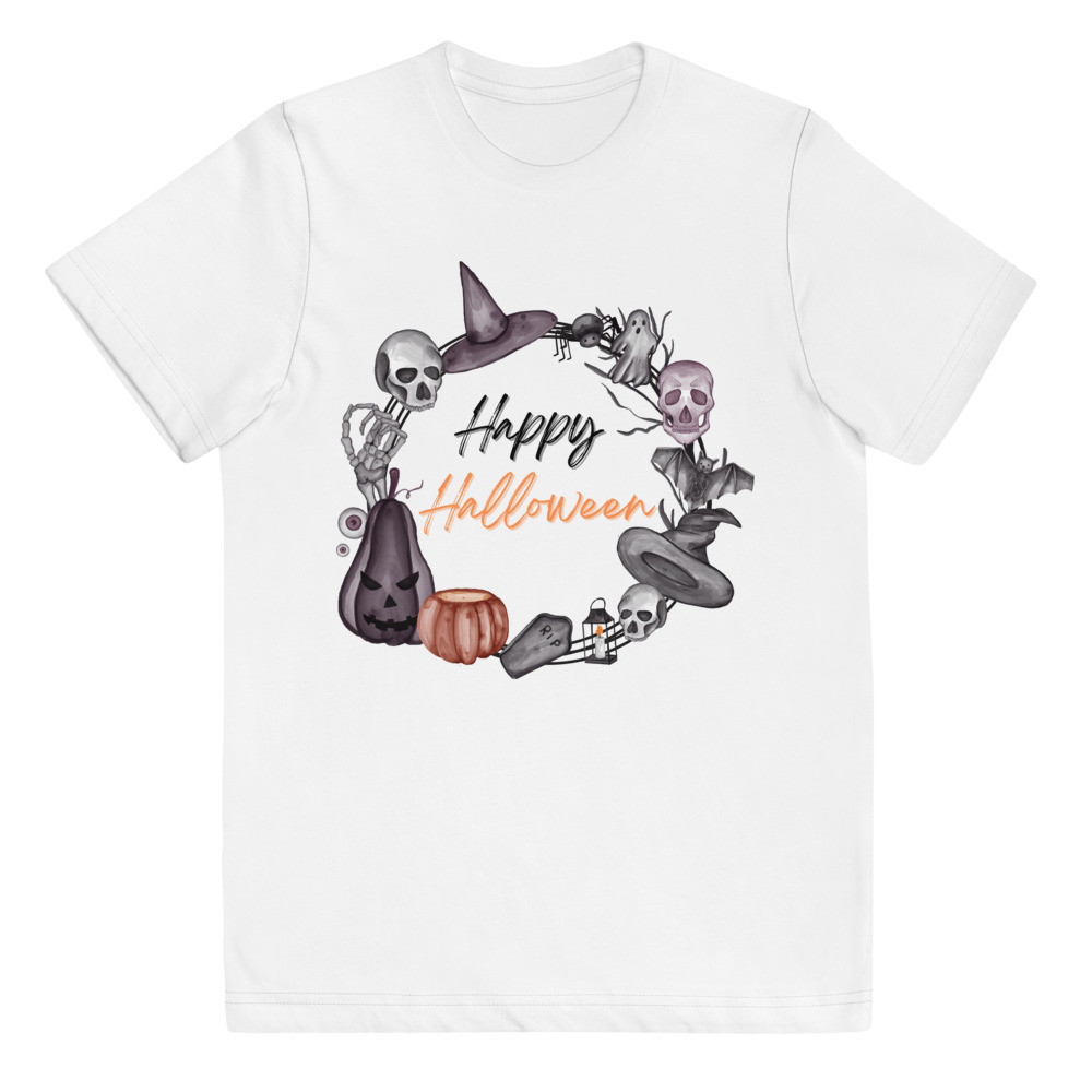 Happy Halloween Kids Youth jersey t-shirt pumpkins, witch hat, skulls