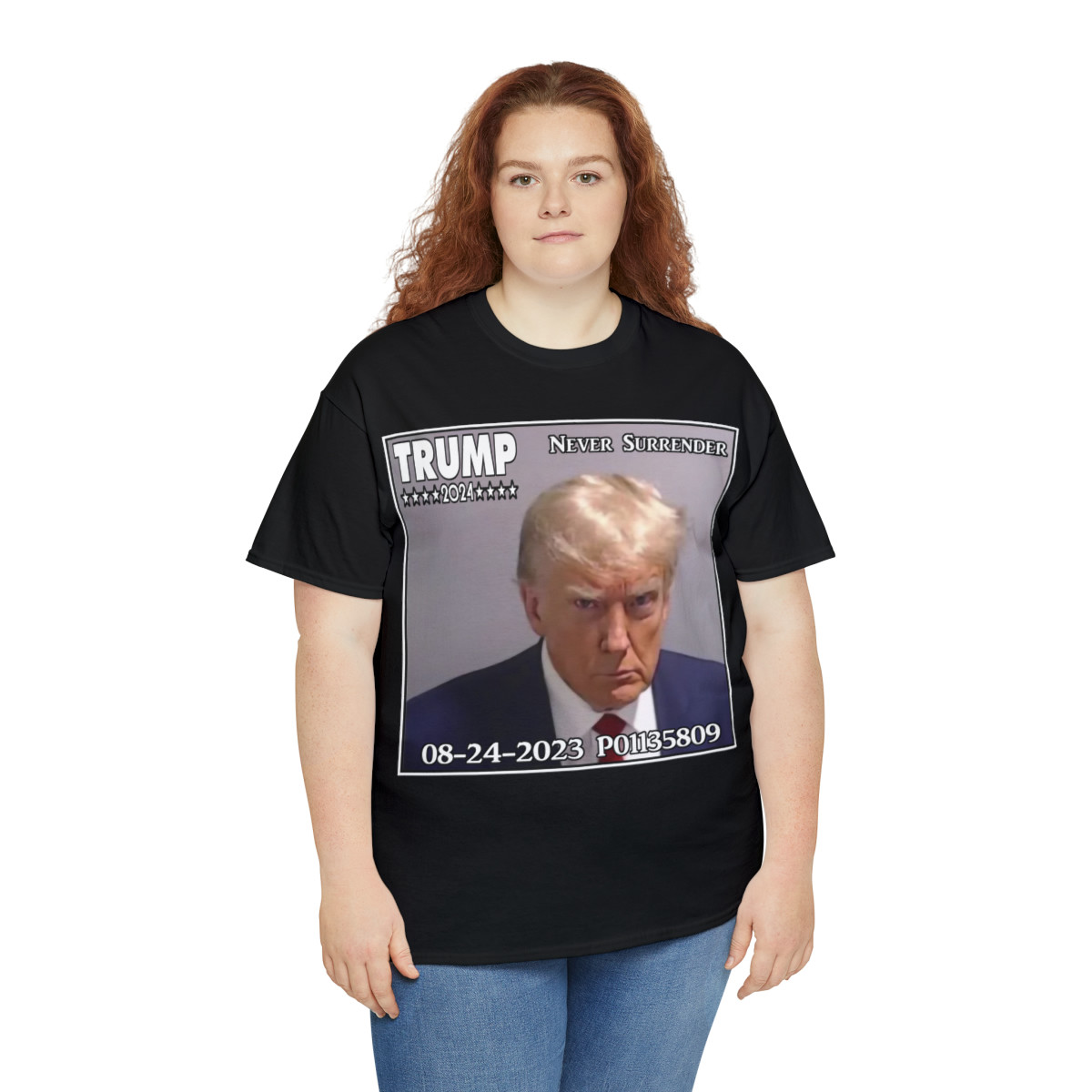 Trump Mugshot 8-24-23 Never Surrender Unisex Heavy Cotton Tee