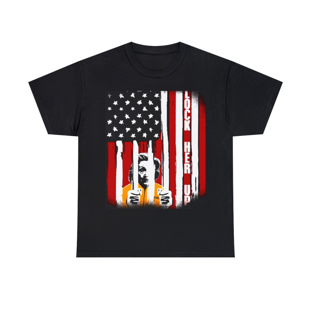 Lock Her Up Flag Hillary behind Bars Unisex Heavy Cotton Tee
