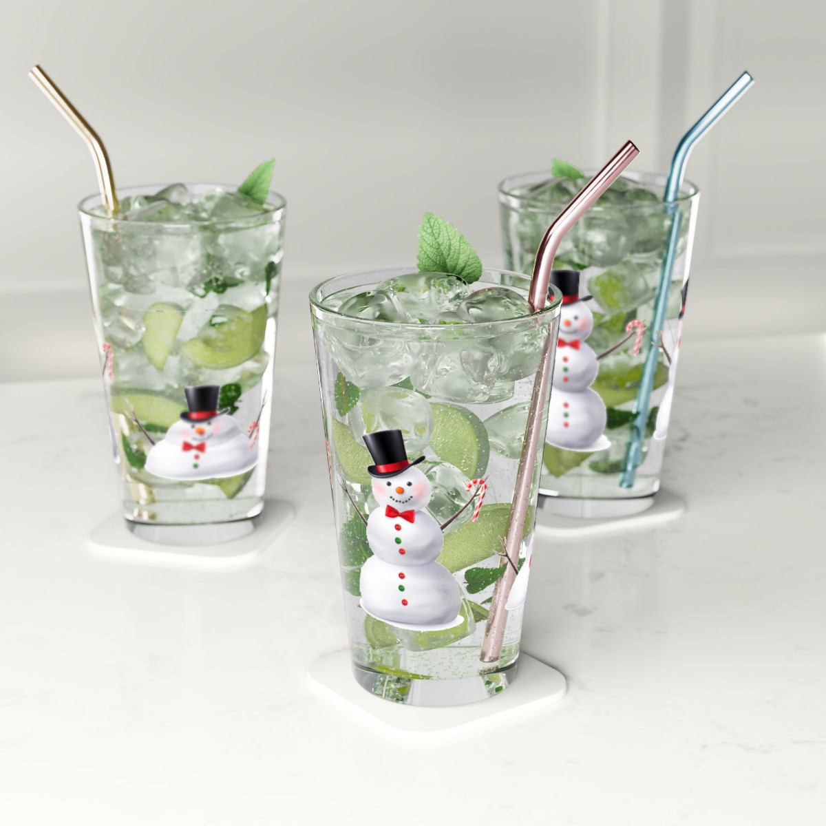 Pint Glass, 16oz Snowman melting