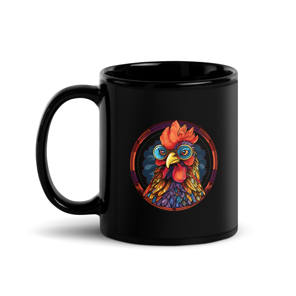 Stained Glass Chicken Black Glossy Mug