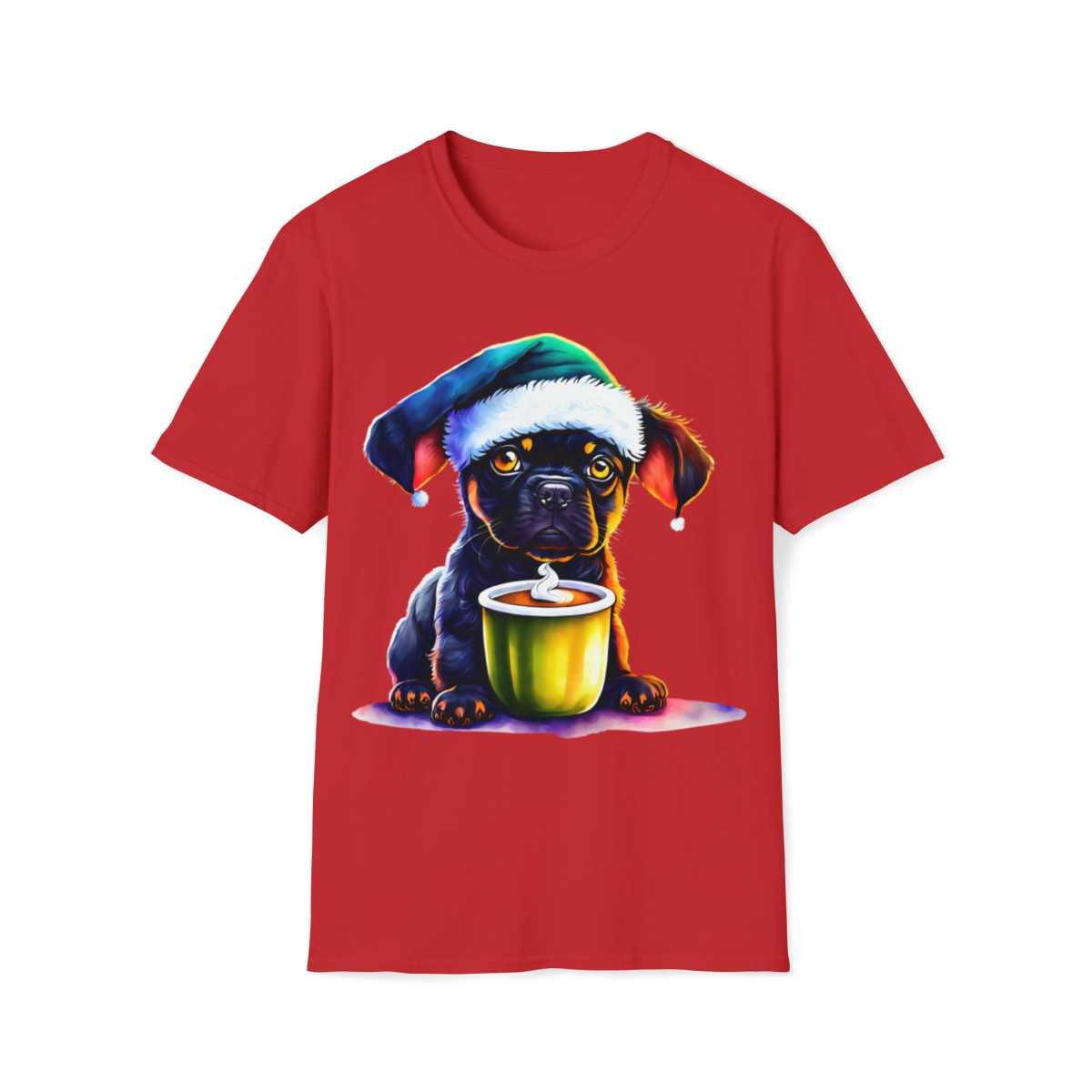 Christmas Dog in Santa Hat with Coffee Unisex Softstyle T-Shirt