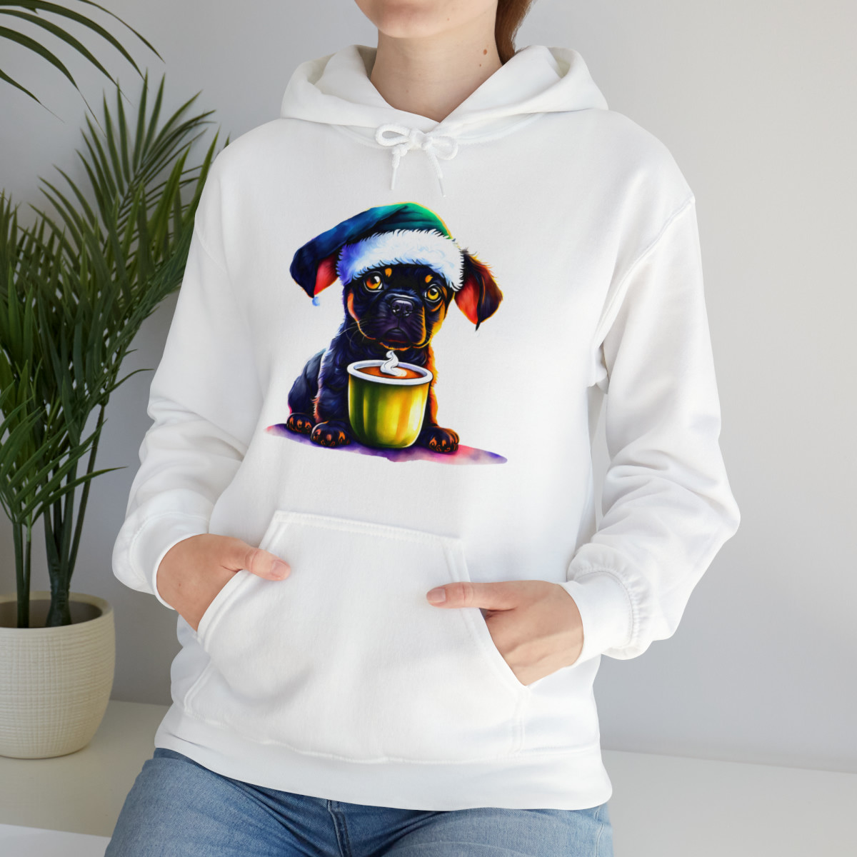 Christmas Dog in Santa Hat with Coffee Unisex Heavy Blend™ Hooded Sweatshirt