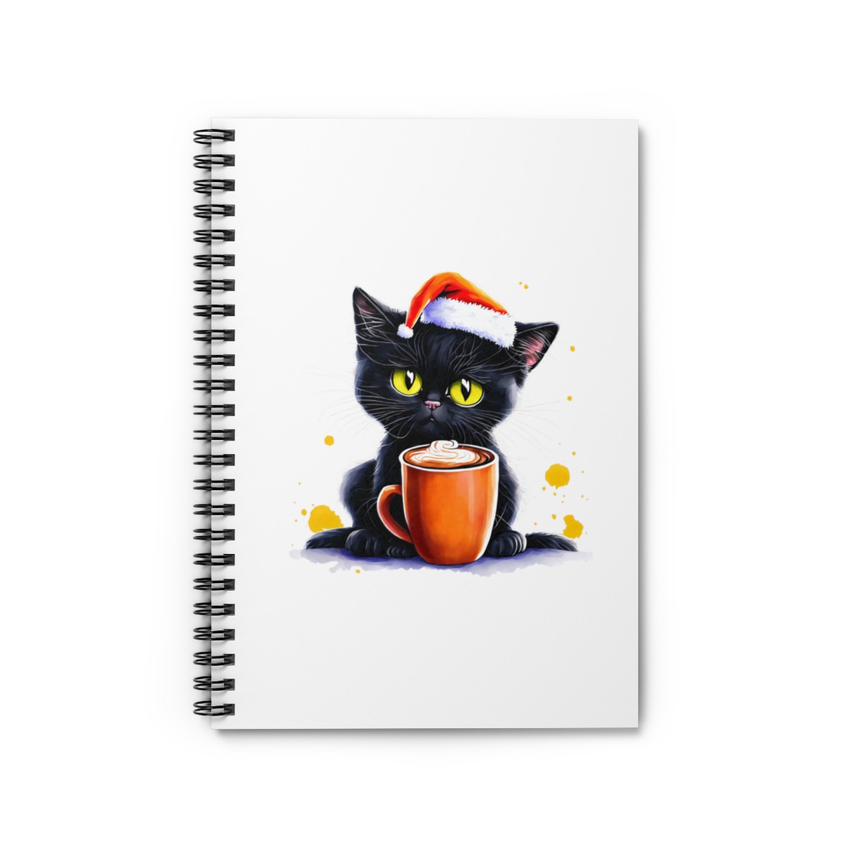 Christmas Cat in Santa Hat with Coffee Spiral Notebook - Ruled Line