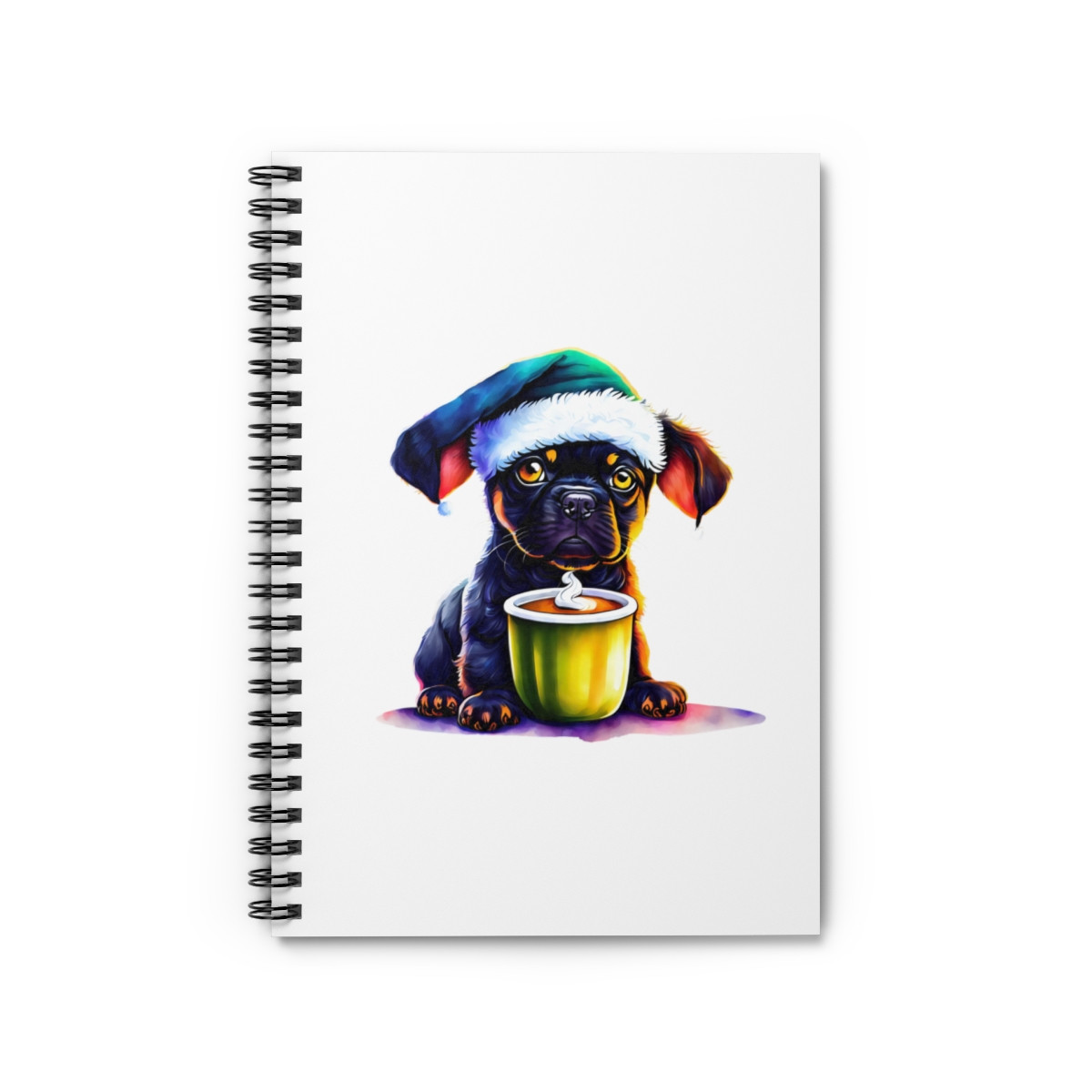 Christmas Dog in Santa Hat with Coffee Spiral Notebook - Ruled Line