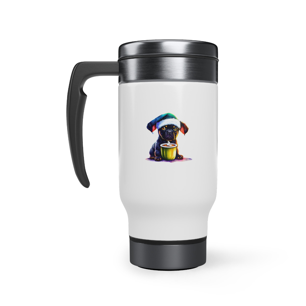 Christmas Dog in Santa Hat with Coffee 14oz Travel Mug