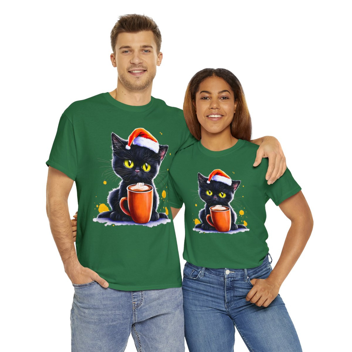 Christmas Cat in Santa Hat with Coffee Unisex Heavy Cotton T-Shirt