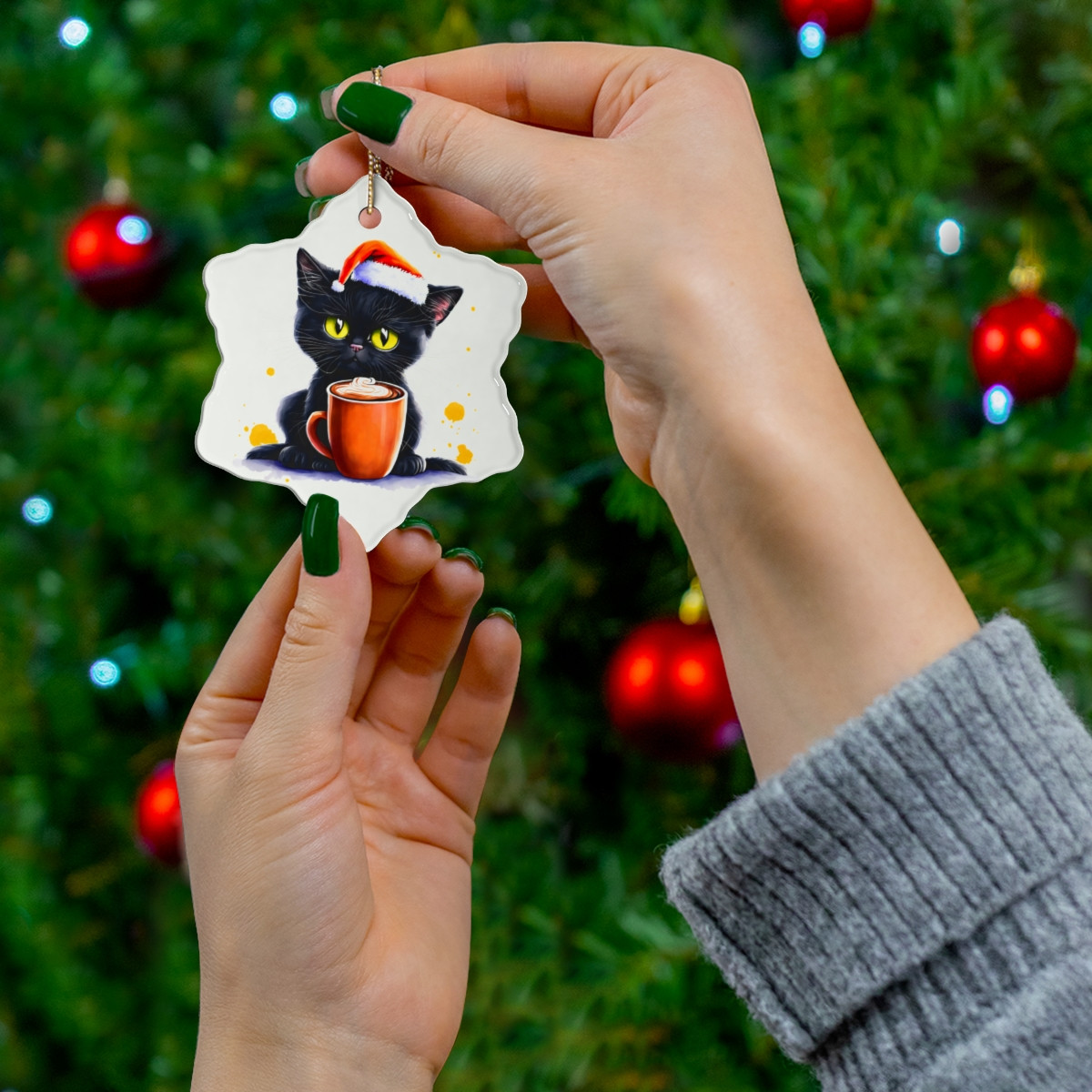 Cat in Santa Hat Christmas Ornament - Circle or Star Shape - Cat Lover Holiday Decor