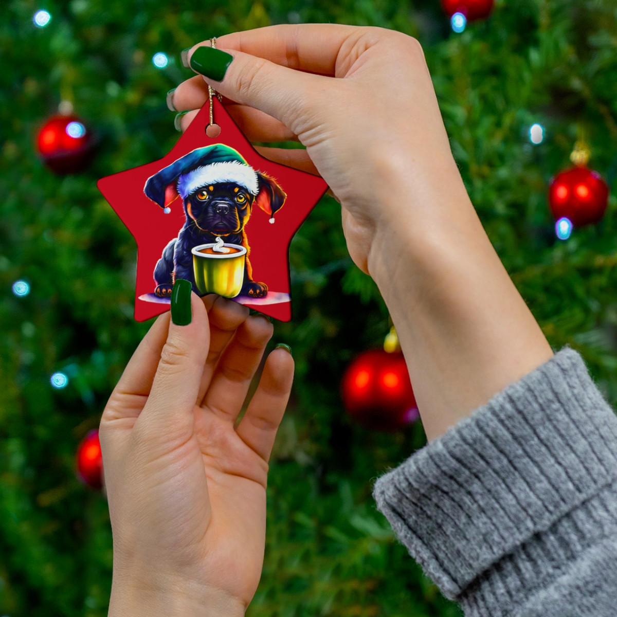 Dog in Santa Hat Ceramic Christmas Ornament - Circle or Star Shape - Dog Holiday Decor
