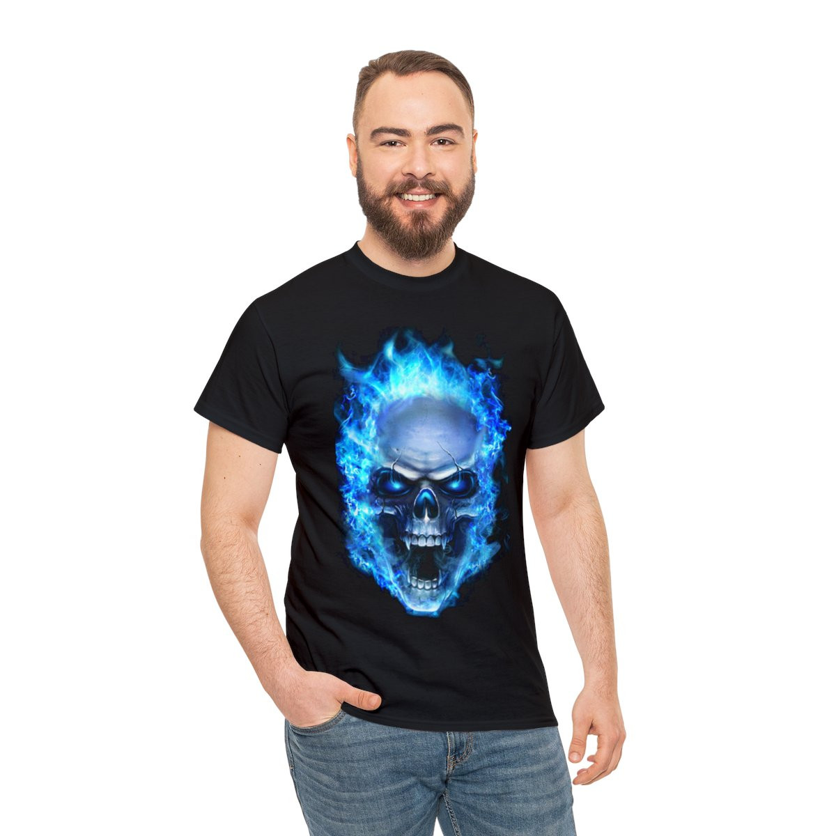 Flaming Demon Skull Blue Short Sleeve Tee