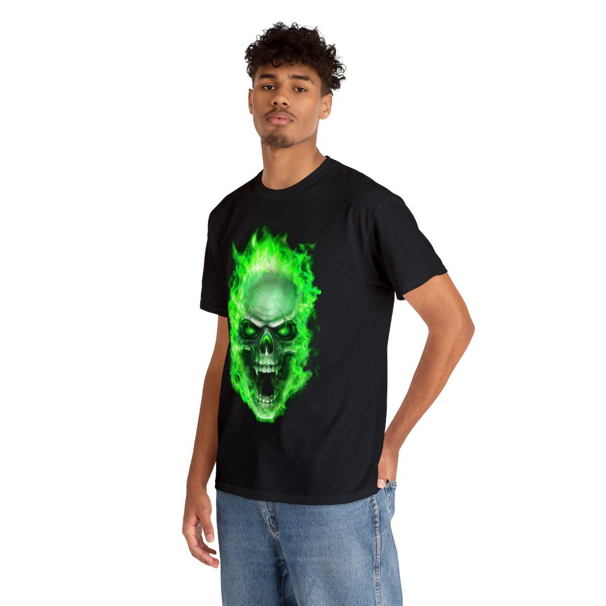 Flaming Demon Skull Green Short Sleeve Tee