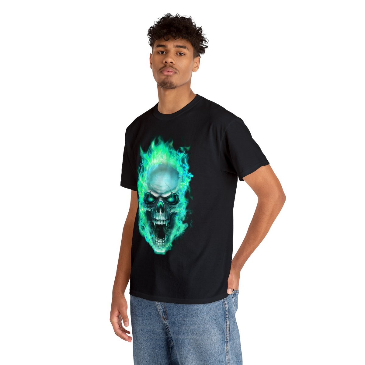 Flaming Demon Skull Electric Blue Short Sleeve Tee