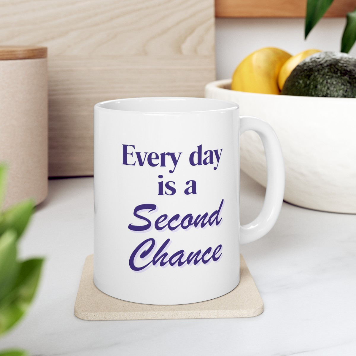 White Coffee Mug with Inspirational Quote Everyday is a Second Chance Ceramic Gift Mug for Friends and Co-Workers (11oz )