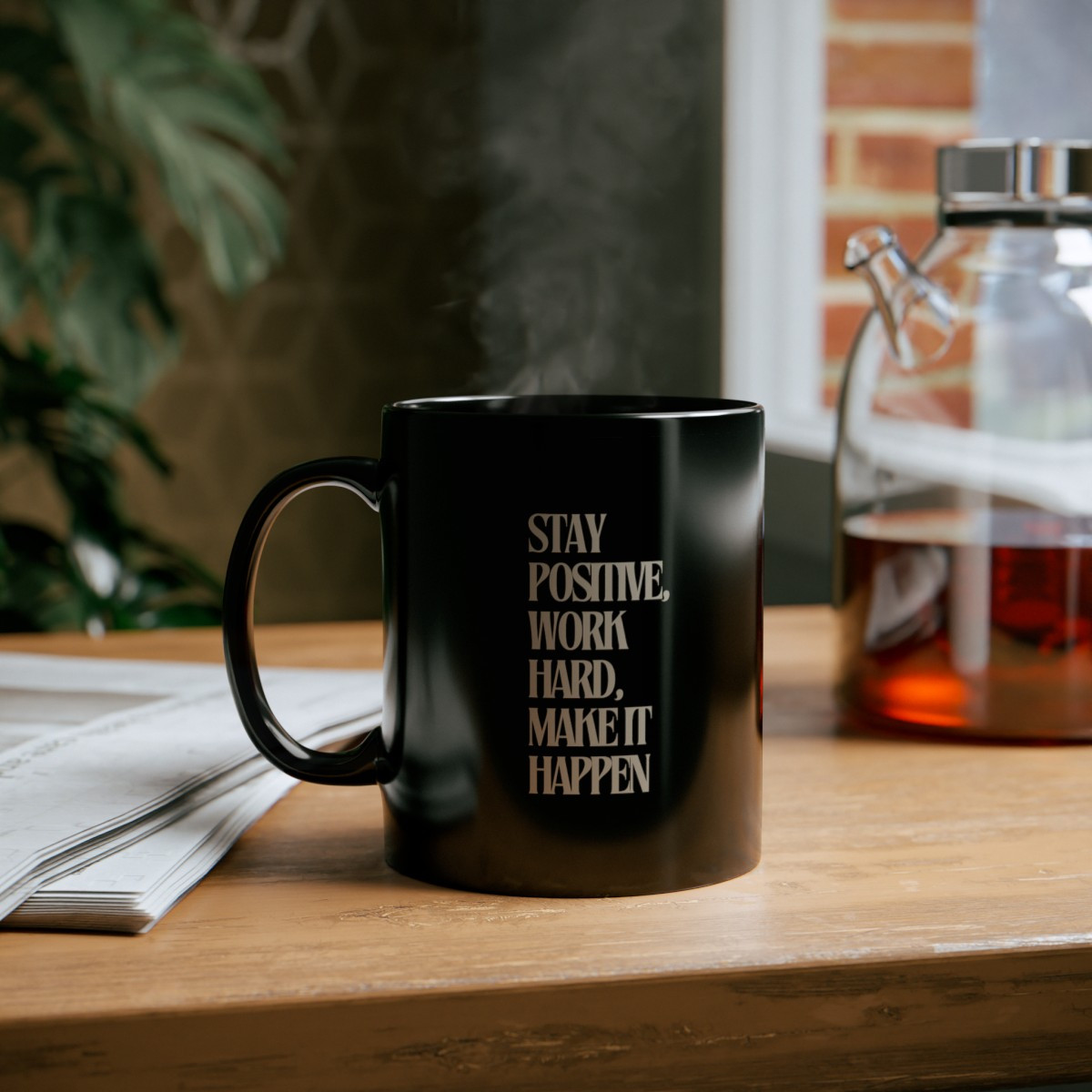 Motivational Black Ceramic Mug - Stay Positive, Work Hard, Make It Happen - 11oz Coffee Gift Mug
