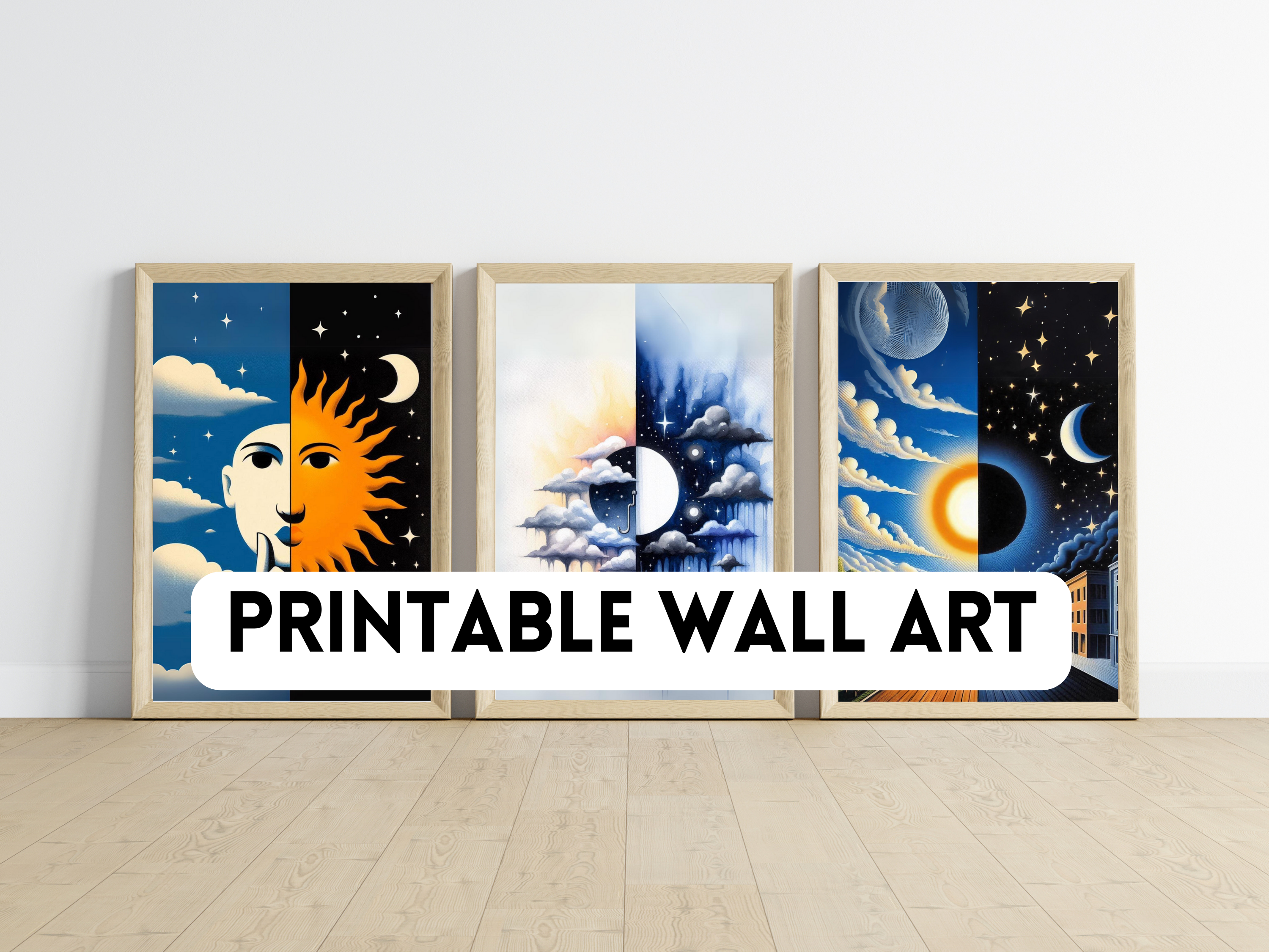 Day and Night Abstract Wall Art Set - Printable Art Collection of Sun and Moon - Modern Surreal Decor for Home and Office - Instant Download