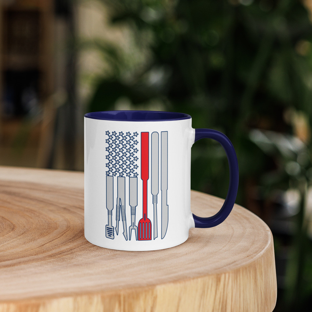 BBQ USA Flag Blue Outline Mug with Color Inside