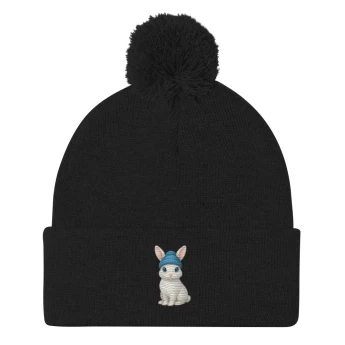 Rabbit Blue Beanie - Pom-Pom Beanie - Black